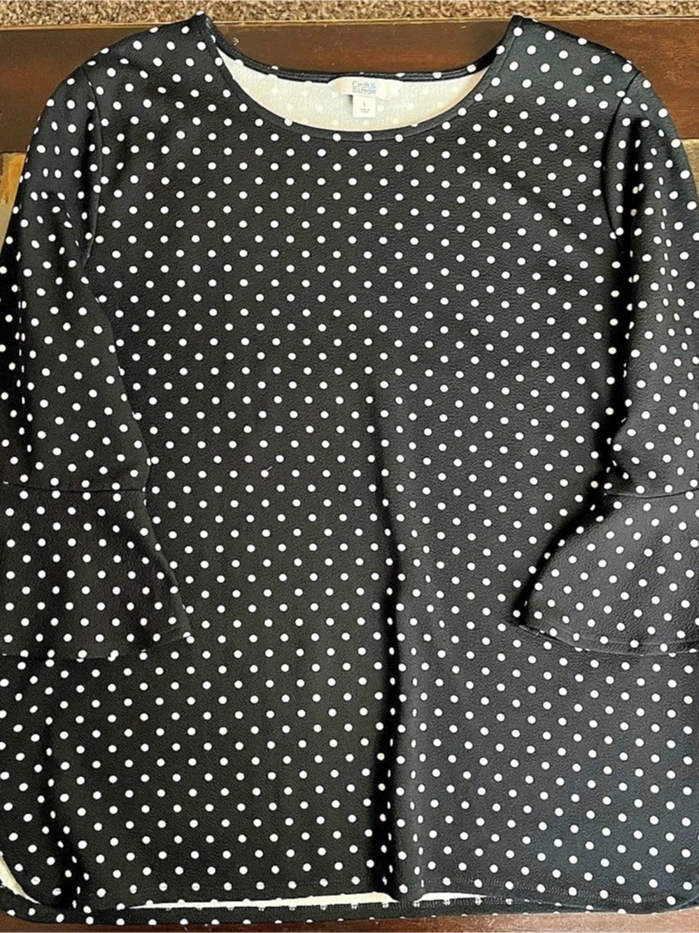 Croft & Barrow Polka Dot Bell Sleeve Blouse in Black & White Large
